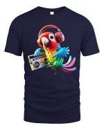 Funky Parrot With Headphones Music Vibe T-Shirt - navy t-shirt on white background