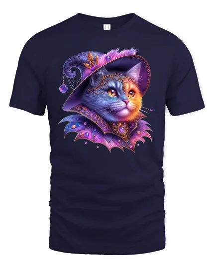 Magical Witch Cat Fantasy Art Sparkle T-Shirt - navy t-shirt on white background