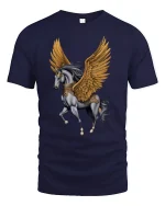 Golden Winged Pegasus Fantasy Art T-Shirt - navy t-shirt on white background