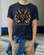 Golden Dragon Fury Mythic Power Graphic T-Shirt - model wearing navy tee with hands in pockets