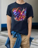 Colorful Demon Chaos Fantasy Energy T-Shirt - model wearing navy tee with hands in pockets