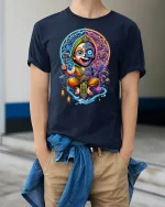 Mystic Monk Dual Spirit Colorful Energy T-Shirt - model wearing navy tee with hands in pockets
