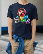 Funky Parrot With Headphones Music Vibe T-Shirt - model wearing navy tee with hands in pockets