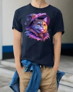 Magical Witch Cat Fantasy Art Sparkle T-Shirt - model wearing navy tee with hands in pockets
