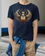 Golden Scarab Ancient Egyptian Power T-Shirt - model wearing navy tee with hands in pockets