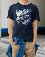 Ice Horn Beast Mythic Power Spirit T-Shirt - model wearing navy tee with hands in pockets