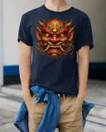 Fierce Demon King Samurai Mask Power T-Shirt - model wearing navy tee with hands in pockets
