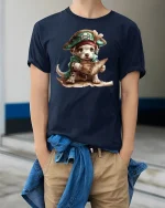 Pirate Puppy Adventure Treasure Map T-Shirt - model wearing navy tee with hands in pockets