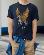 Golden Winged Pegasus Fantasy Art T-Shirt - model wearing navy tee with hands in pockets
