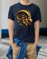 Golden Ram Majesty Mythical Power T-Shirt - model wearing navy tee with hands in pockets