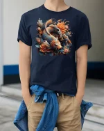 Golden Koi Blossom Harmony Artistic T-Shirt - model wearing navy tee with hands in pockets