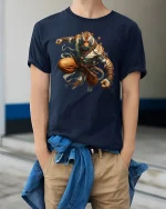 Warrior Tiger Monk Spirit Power Graphic T-Shirt - model wearing navy tee with hands in pockets