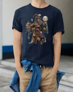 Steampunk Wizard Explorer Fantasy Art T-Shirt - model wearing navy tee with hands in pockets