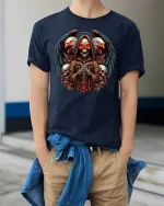 Grim Reaper Dark Wings Skull Master T-Shirt - model wearing navy tee with hands in pockets
