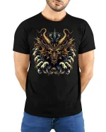 Golden Dragon Fury Mythic Power Graphic T-Shirt - model wearing black tee with hands behind back