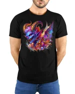 Colorful Demon Chaos Fantasy Energy T-Shirt - model wearing black tee with hands behind back