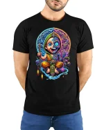 Mystic Monk Dual Spirit Colorful Energy T-Shirt - model wearing black tee with hands behind back