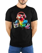 Funky Parrot With Headphones Music Vibe T-Shirt - model wearing black tee with hands behind back
