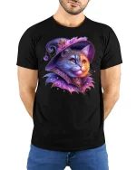 Magical Witch Cat Fantasy Art Sparkle T-Shirt - model wearing black tee with hands behind back
