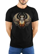 Golden Scarab Ancient Egyptian Power T-Shirt - model wearing black tee with hands behind back