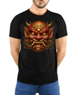 Fierce Demon King Samurai Mask Power T-Shirt - model wearing black tee with hands behind back