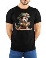 Pirate Puppy Adventure Treasure Map T-Shirt - model wearing black tee with hands behind back