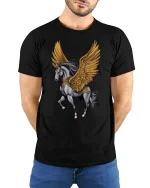 Golden Winged Pegasus Fantasy Art T-Shirt - model wearing black tee with hands behind back