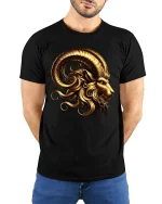 Golden Ram Majesty Mythical Power T-Shirt - model wearing black tee with hands behind back