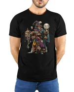 Steampunk Wizard Explorer Fantasy Art T-Shirt - model wearing black tee with hands behind back