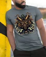 Golden Dragon Fury Mythic Power Graphic T-Shirt - model wearing grey tee, leaning on column