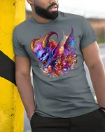Colorful Demon Chaos Fantasy Energy T-Shirt - model wearing grey tee, leaning on column