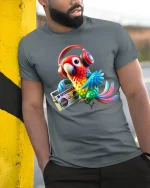 Funky Parrot With Headphones Music Vibe T-Shirt - model wearing grey tee, leaning on column