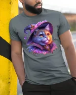 Magical Witch Cat Fantasy Art Sparkle T-Shirt - model wearing grey tee, leaning on column