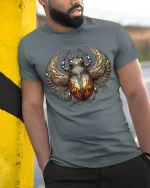 Golden Scarab Ancient Egyptian Power T-Shirt - model wearing grey tee, leaning on column