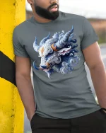 Ice Horn Beast Mythic Power Spirit T-Shirt - model wearing grey tee, leaning on column