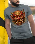 Fierce Demon King Samurai Mask Power T-Shirt - model wearing grey tee, leaning on column