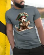 Pirate Puppy Adventure Treasure Map T-Shirt - model wearing grey tee, leaning on column