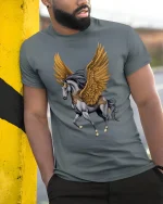 Golden Winged Pegasus Fantasy Art T-Shirt - model wearing grey tee, leaning on column