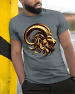 Golden Ram Majesty Mythical Power T-Shirt - model wearing grey tee, leaning on column