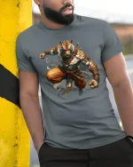Warrior Tiger Monk Spirit Power Graphic T-Shirt - model wearing grey tee, leaning on column