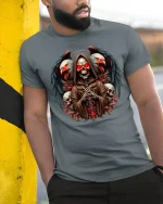 Grim Reaper Dark Wings Skull Master T-Shirt - model wearing grey tee, leaning on column