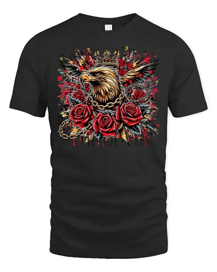 Crowned Eagle with Roses T-Shirt - black t-shirt on white background
