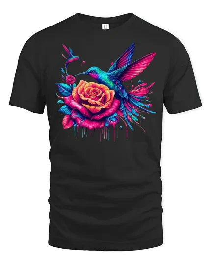 Vibrant Hummingbird and Rose T-Shirt - black t-shirt on white background