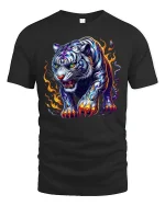 Fierce White Tiger with Flames T-Shirt - black t-shirt on white background