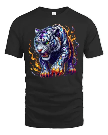 Fierce White Tiger with Flames T-Shirt - black t-shirt on white background