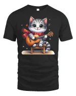 Cute Cat Playing Guitar Cartoon T-Shirt - black t-shirt on white background