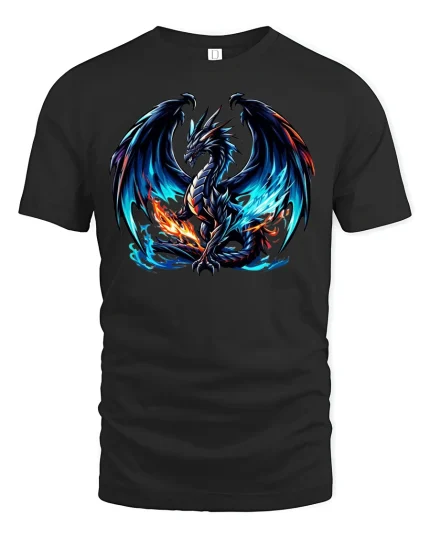 Fierce Blue Flame Dragon T-Shirt - black t-shirt on white background
