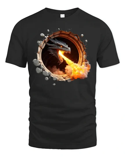 Fire Breathing Dragon Wall Break T-Shirt - black t-shirt on white background