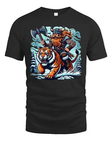 Viking Warrior Riding Fierce Tiger T-Shirt - black t-shirt on white background