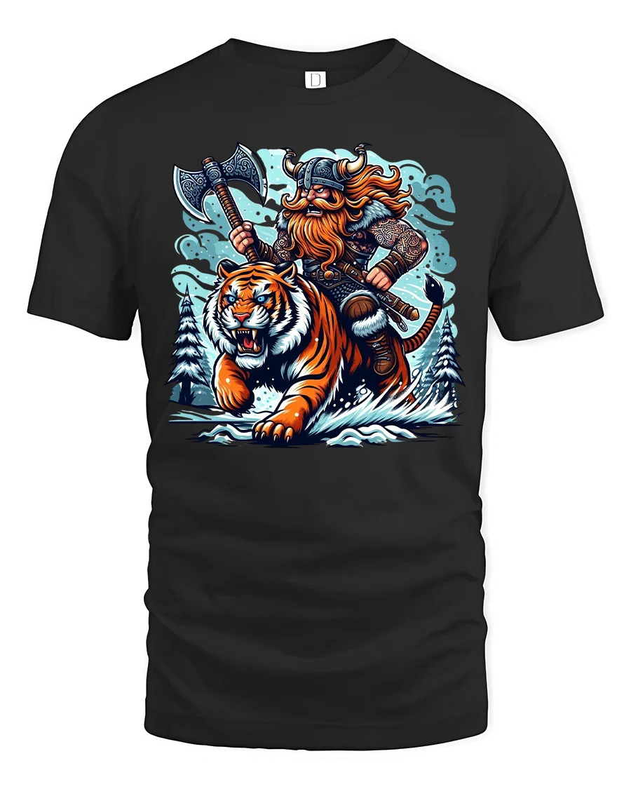 Viking Warrior Riding Fierce Tiger T-Shirt - 1 Viking Warrior Riding Fierce Tiger T-Shirt - black t-shirt on white background